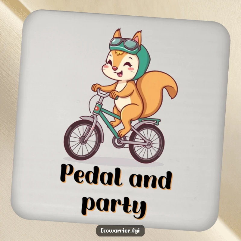 Funny squirrel drink coaster featuring a playful squirrel riding a recycled bicycle with a smile.