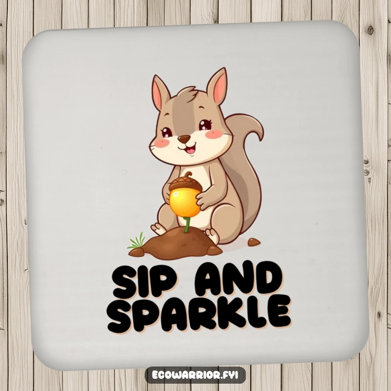 Funny squirrel planter coaster, cheerful squirrel planting a tiny glowing acorn with a smile. Protects surfaces with magical charm. Perfect.