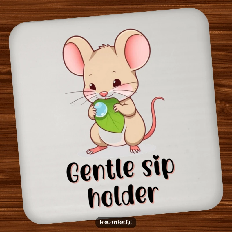 Funny Drink Coaster featuring a timid mouse carefully carrying a dewdrop on a leaf.