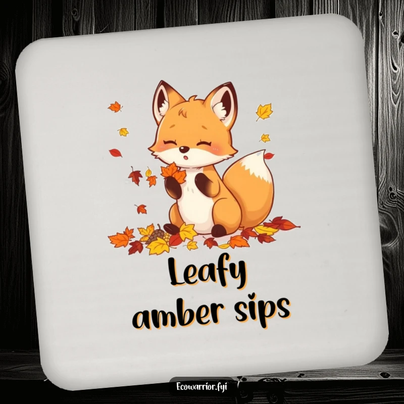 Funny Drink Coaster featuring a small fox enthusiastically collecting colorful fallen autumn leaves.