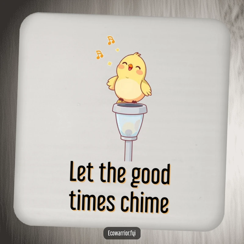 Funny drink coaster featuring a happy bird singing on a solar garden light, protecting surfaces with a splash of humorous cheer.