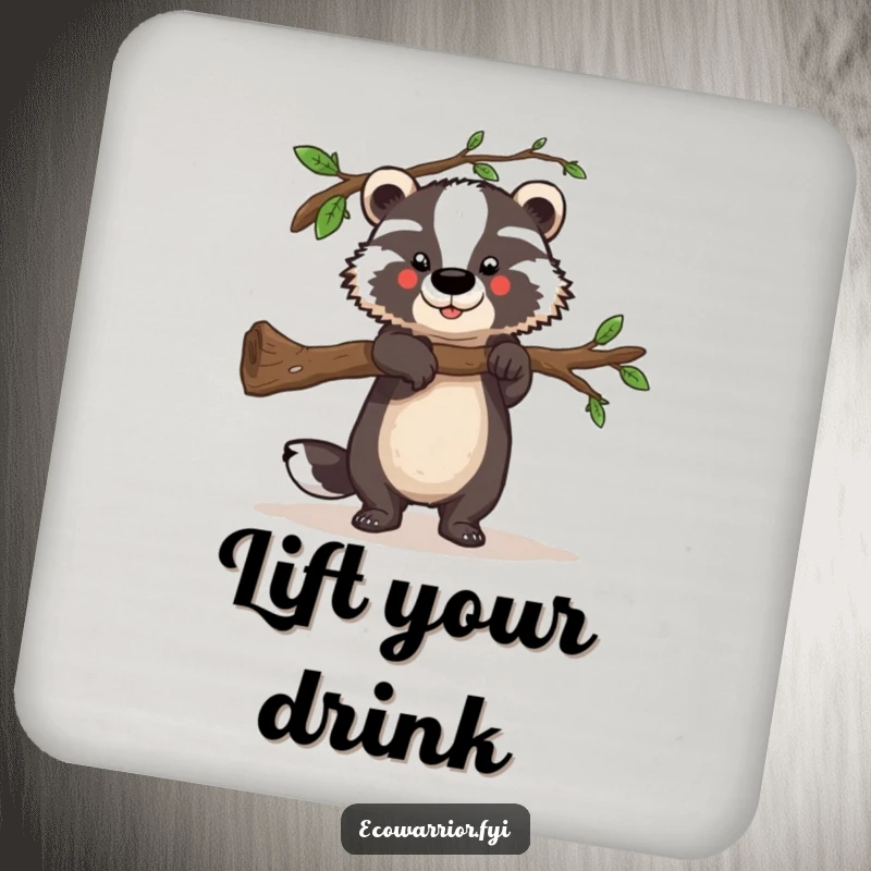 Funny drink coaster with a strong badger character lifting a fallen branch, adding strength and helpful humor.