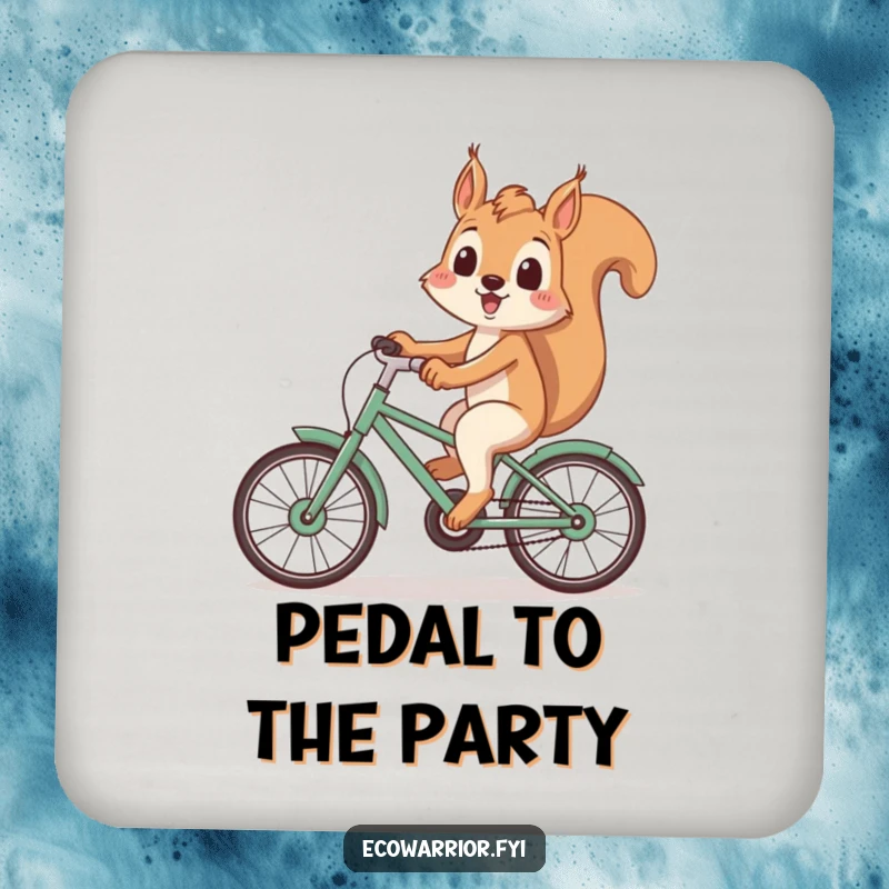 Funny Squirrel Coaster: Playful squirrel smiling on a recycled bicycle, a cute and practical eco funny gift.