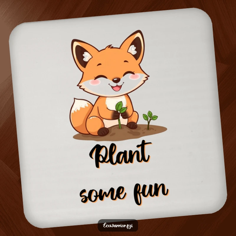 Funny Fox Gardener Coasters: A determined fox with a grin plants a tiny seed, protecting surfaces with style.