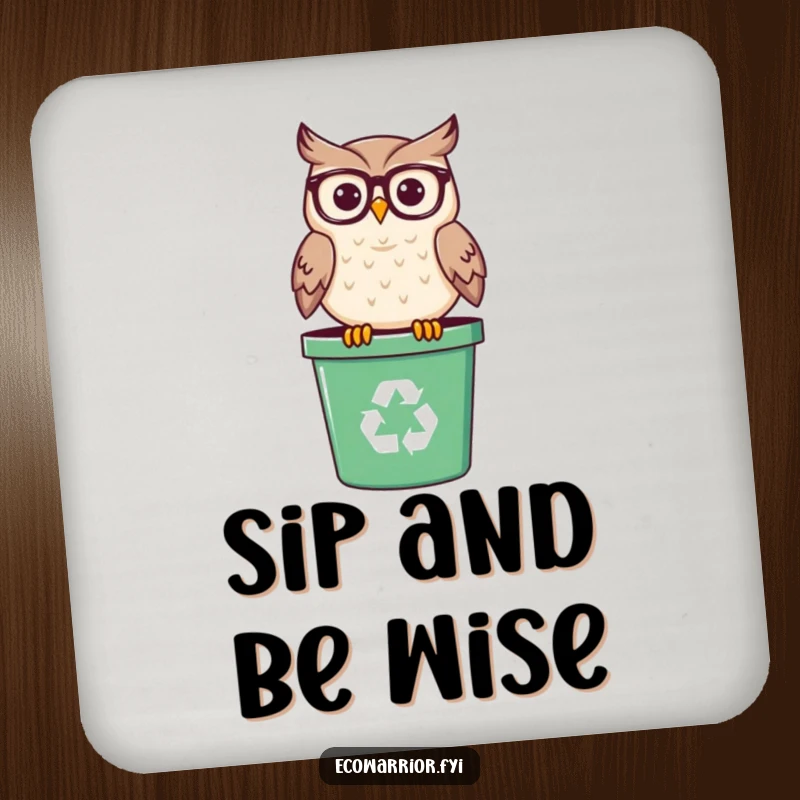 Funny coaster with a smiling owl wearing spectacles, perched on a recycling bin, a wise and humorous addition to any table.