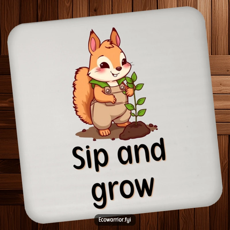 Funny drink coaster featuring a cute squirrel wearing large, leafy overalls, energetically planting a tiny seedling, protecting surfaces humorously.