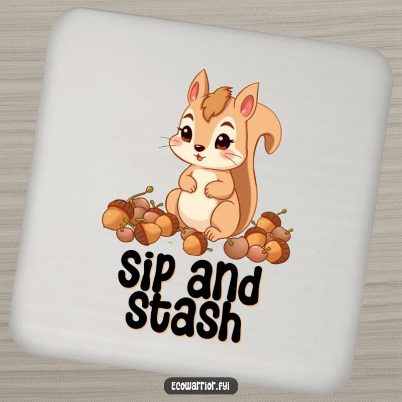 Funny determined squirrel collecting acorns with focus, depicted on a drink coaster.