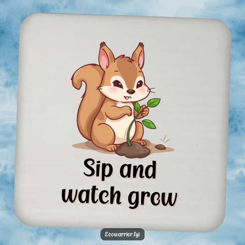 Funny Drink Coaster with a determined squirrel character planting a sapling, offering surface protection with an inspirational, humorous nature theme.