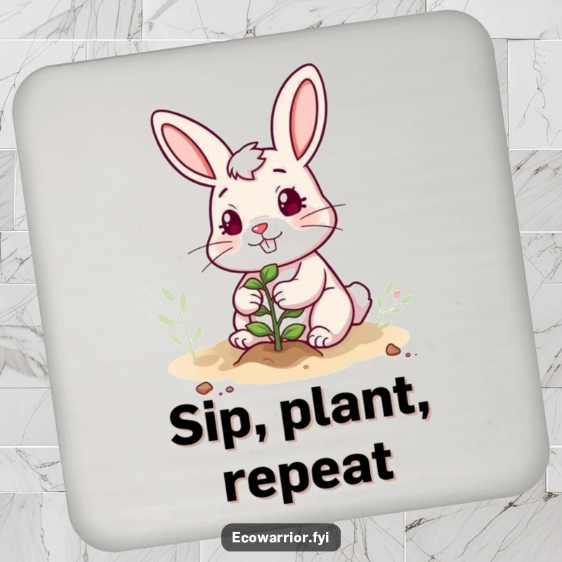 Funny coaster with a cheerful, determined rabbit character planting a sapling, adding humorous protection to tabletops.