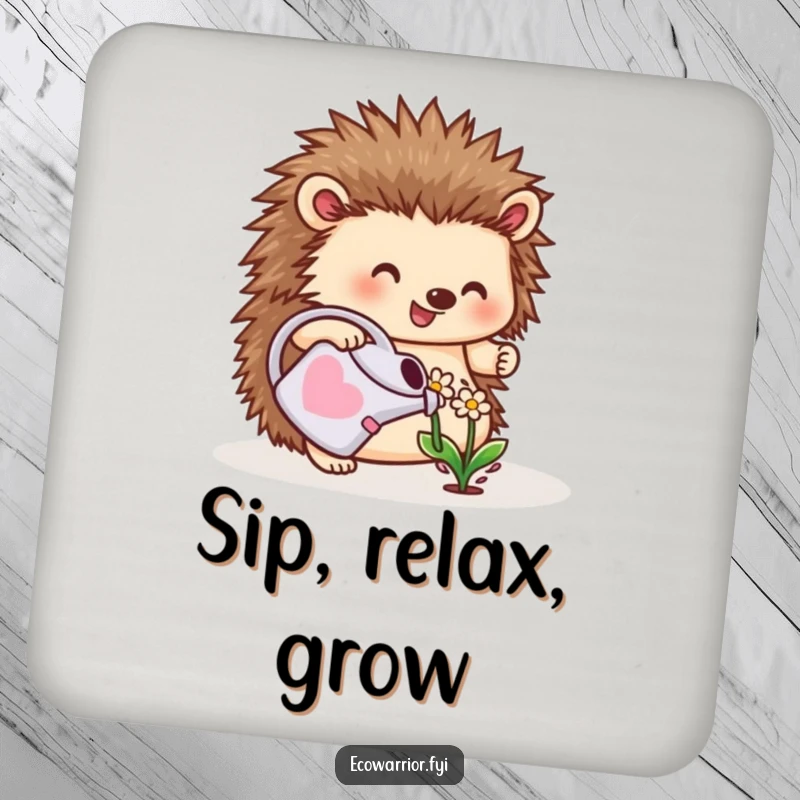 Funny drink coaster featuring a cheerful hedgehog watering a small flower, adding garden charm to any table.