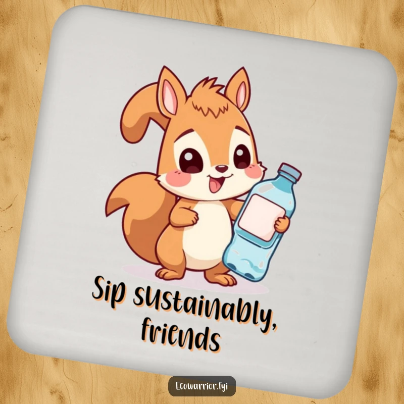 Funny squirrel collecting bottles on drink coasters, providing a humorous touch to home decor and surface protection.