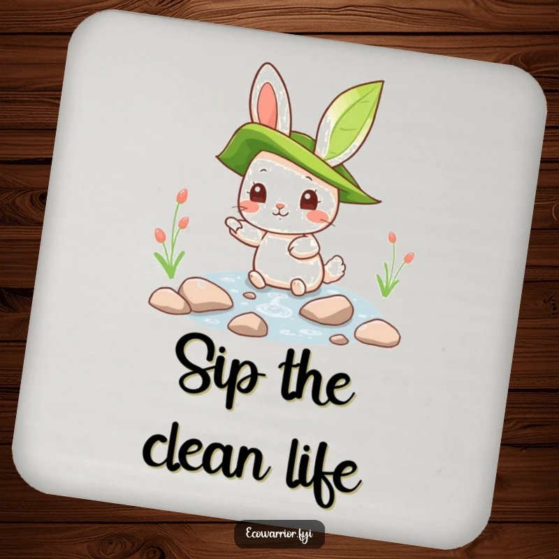Funny rabbit with a leaf hat pointing at a clean stream on drink coasters, adding natural humor and surface protection.