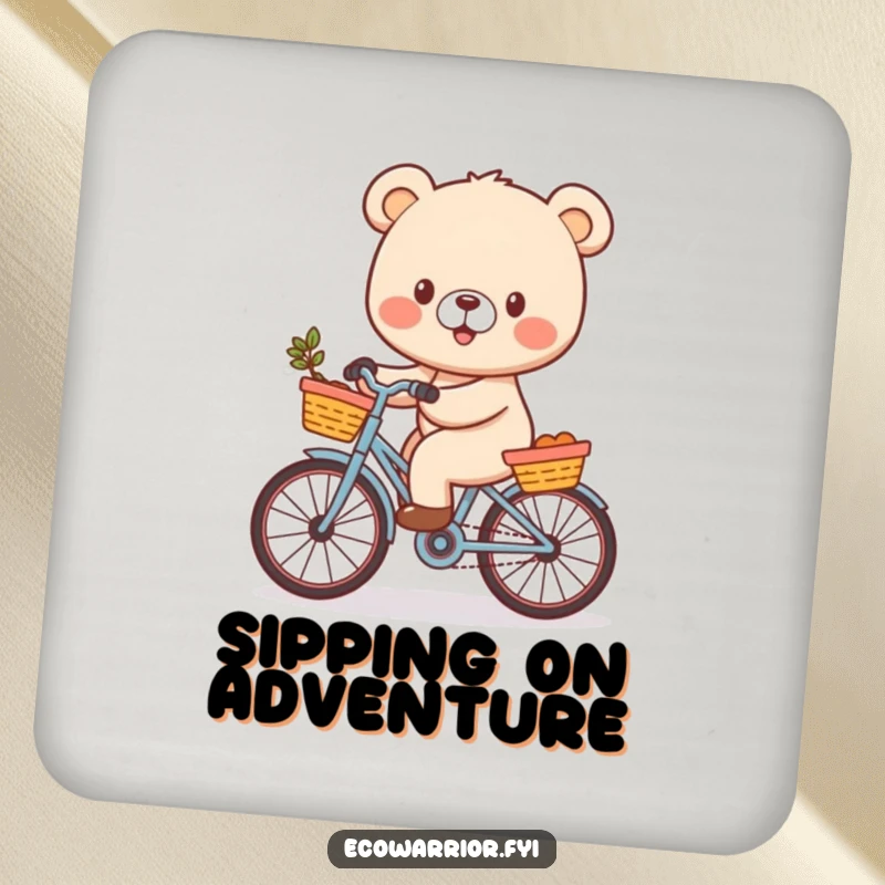 Funny Drink Coaster with a cheerful bear cub character riding a bicycle with a basket, offering surface protection with a humorous, happy appeal.