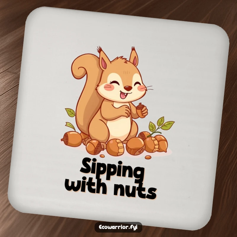 Funny Drink Coaster featuring a cheerful squirrel rapidly gathering acorns with focus.