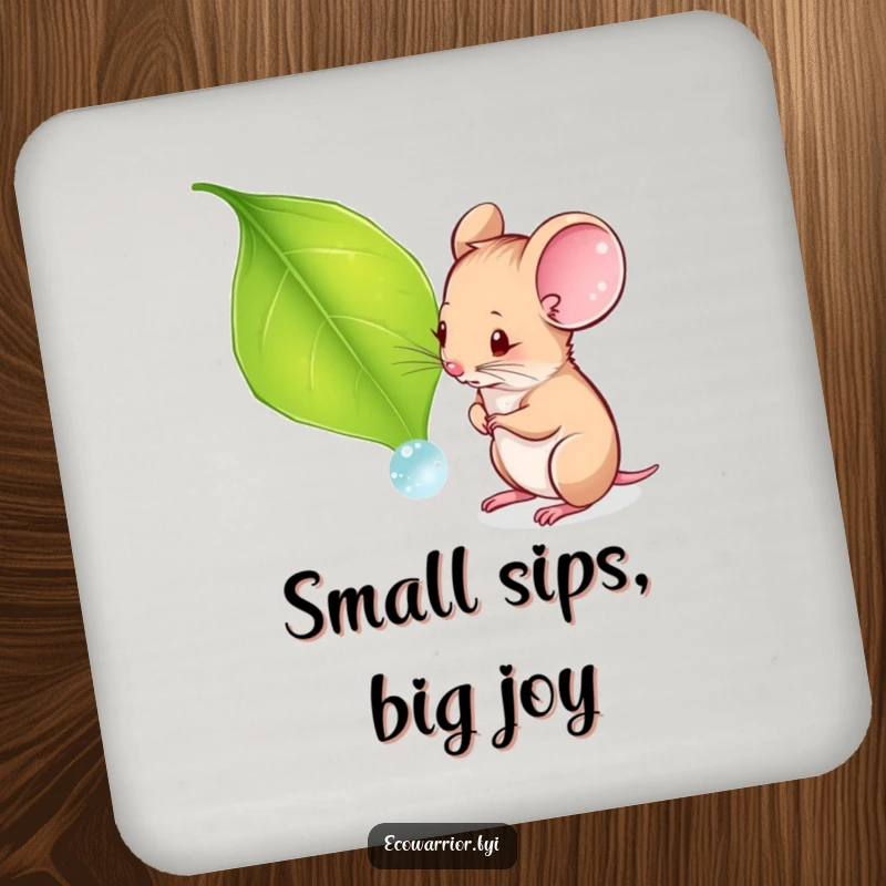 Funny coaster with a curious mouse examining a dewdrop on a leaf, a charming and humorous addition to any table.
