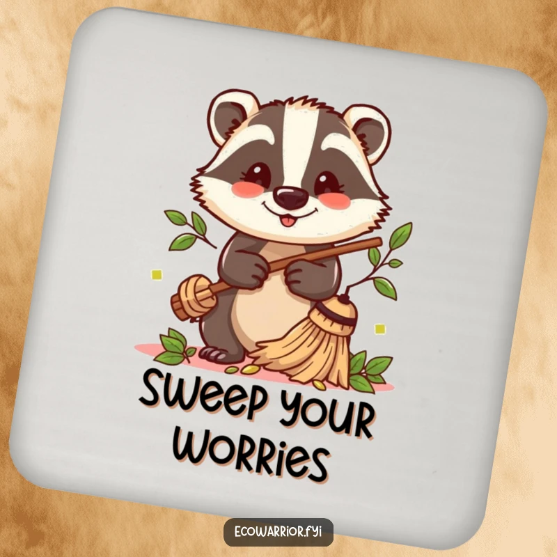Funny Badger Sweeper Coasters: A cheerful badger with a twig broom sweeps leaves, protecting surfaces with style.