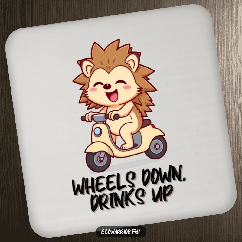Funny Cheerful Hedgehog Scooter Drink Coaster: Joyful hedgehog riding a wind scooter, looking happy, protecting surfaces.