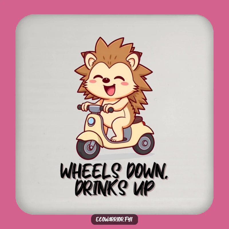 Funny Cheerful Hedgehog Scooter Drink Coaster: Joyful Art, Protect Surfaces, Cute Funny Gift