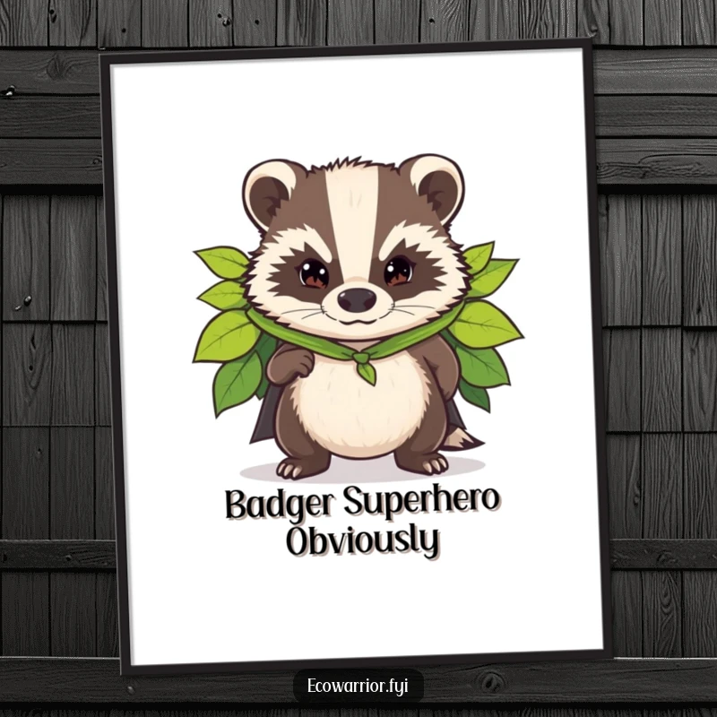 Funny poster of a determined badger wearing a vibrant superhero cape made of leaves, exuding courage and woodland charm.