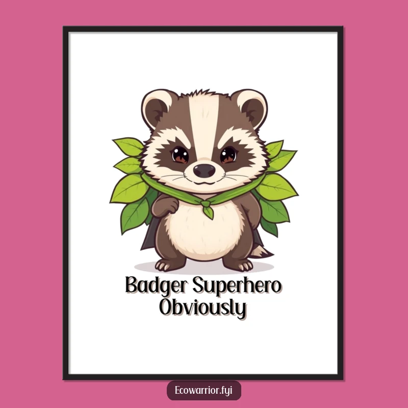 Funny Badger Superhero Poster: Determined Leaf Cape Art, Woodland Hero Gift