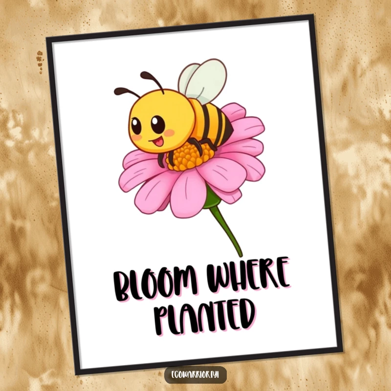 Funny poster art of a proud bee buzzing around a wildflower, capturing natural beauty and gentle industriousness with humorous appeal, great decor.