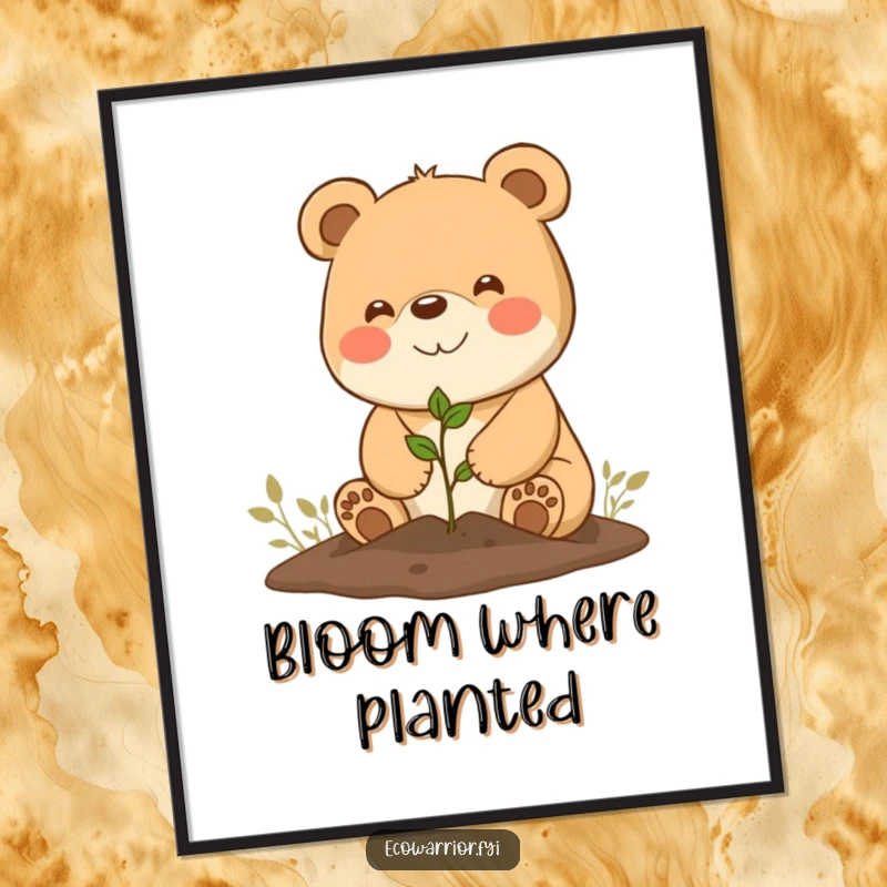 Funny Poster: A happy bear character planting a tiny seedling, radiating joy with a beaming smile.
