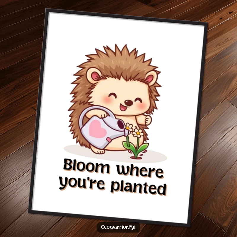 Funny poster of a cheerful hedgehog watering a small flower, embodying the delightful spirit of gardening and nature.