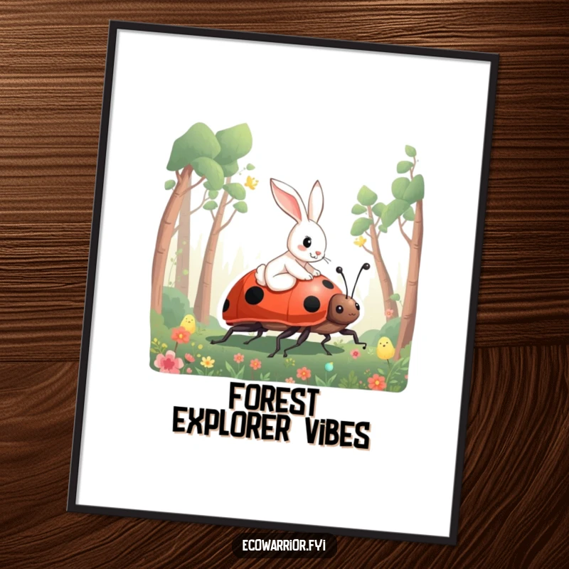 Funny Rabbit Ladybug Poster depicting a curious rabbit riding a giant ladybug through an enchanting forest scene.