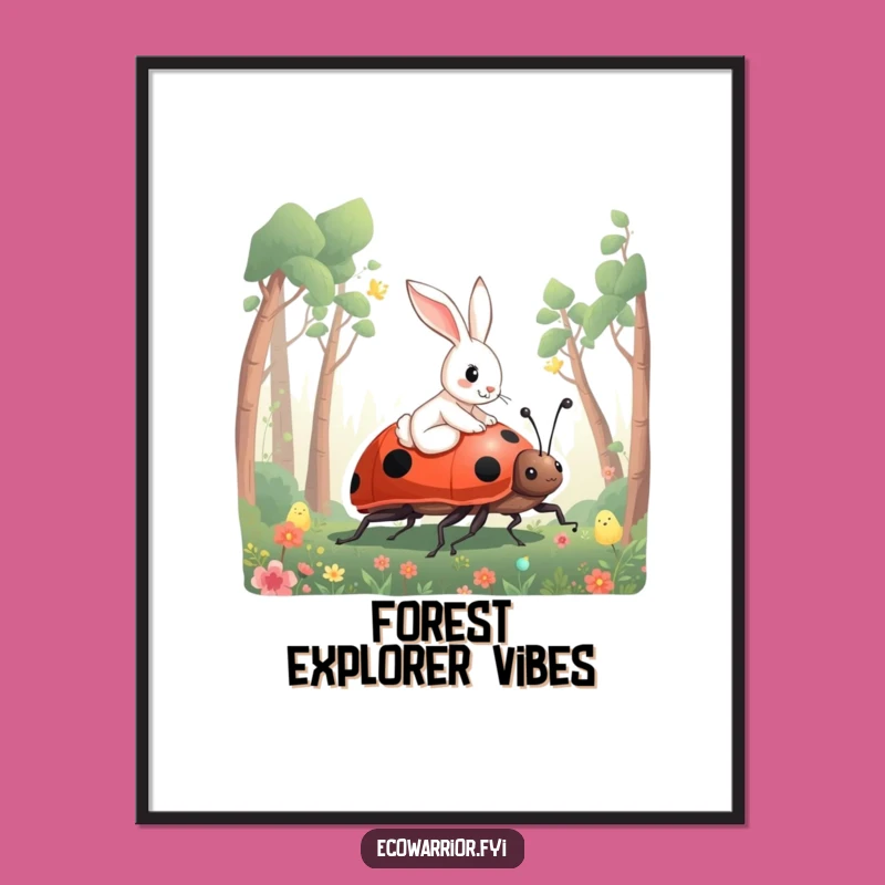 Funny Rabbit Ladybug Poster - Whimsical Forest Wall Art