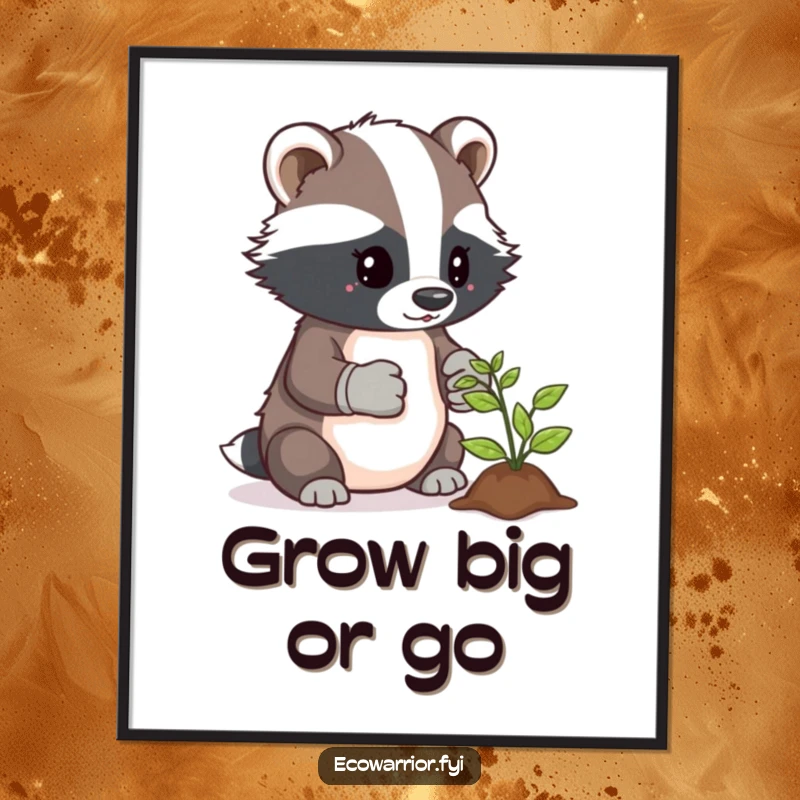 Funny poster of a determined badger wearing gardening gloves, showing great care towards a tiny growing sprout.