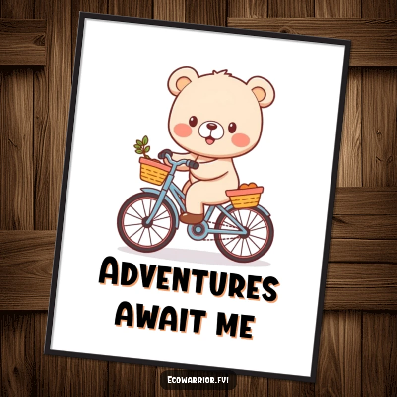 Funny Bear Cub Poster showcasing a cheerful character happily riding a bicycle with a basket, ideal for joyful and humorous wall decor.