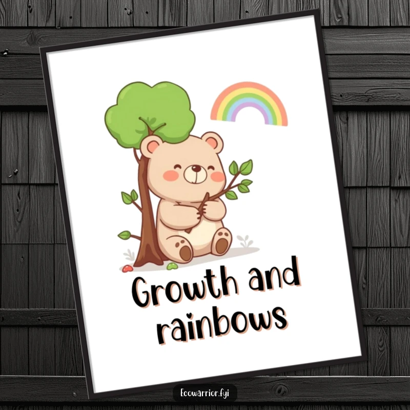 Funny Bear Rainbow Poster: A happy bear holding a sapling, smiling at a rainbow, adding humorous nature charm.