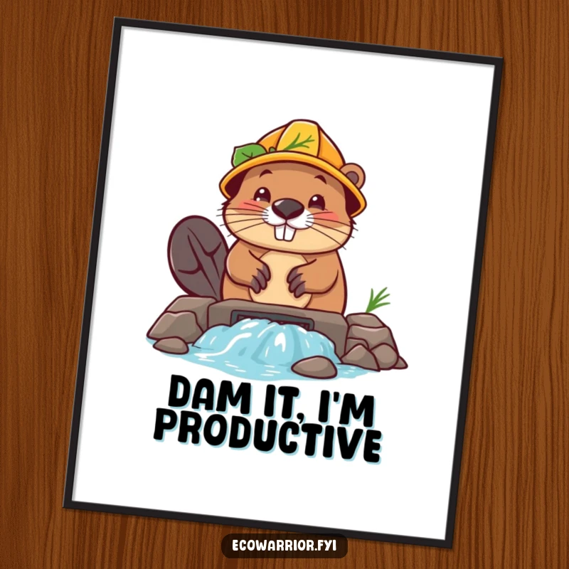 Funny Beaver Builder Poster: A determined beaver in a leaf hard hat diligently builds a dam, showcasing perseverance.