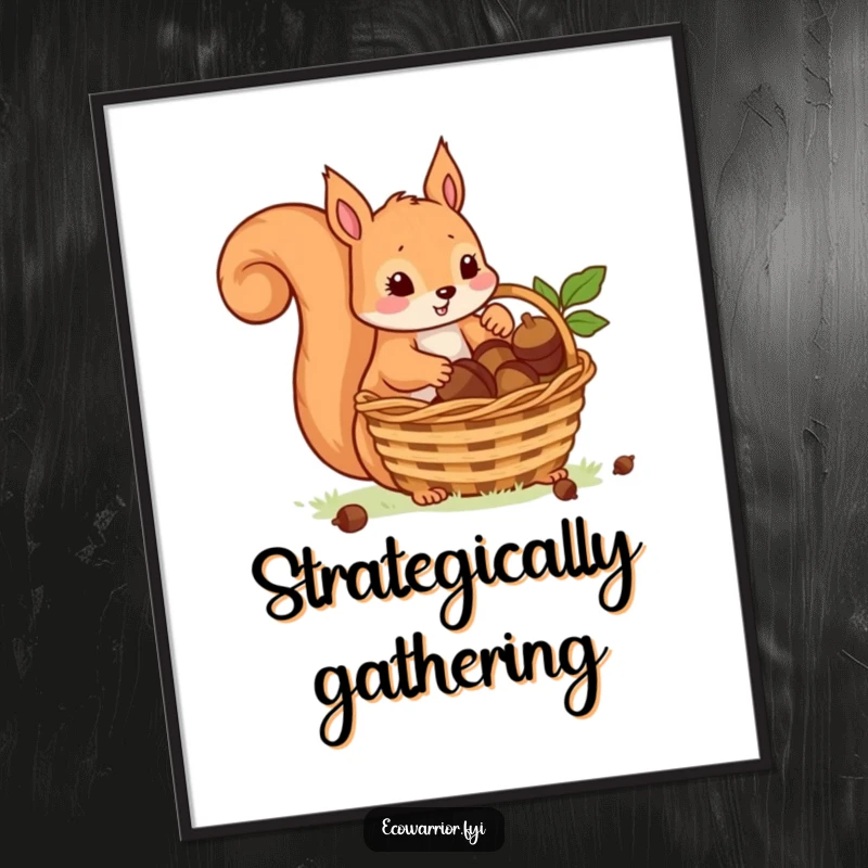 Funny poster of a playful squirrel carefully placing acorns into a basket, a charming depiction of preparation and nature.