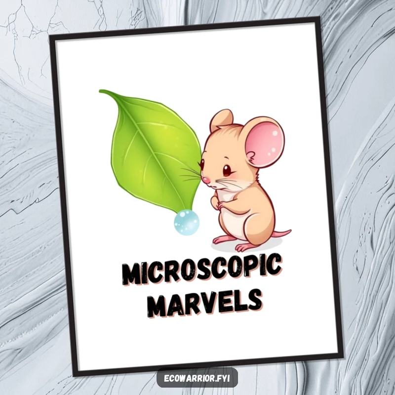 Funny poster of a curious mouse intently examining a dewdrop on a leaf, capturing a moment of tiny observation and beauty.