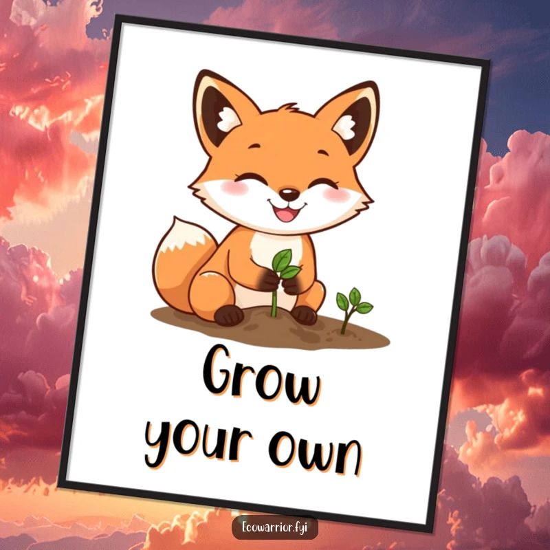 Funny Fox Gardener Poster: A happy fox with a determined grin plants a tiny seed, symbolizing patience and growth.