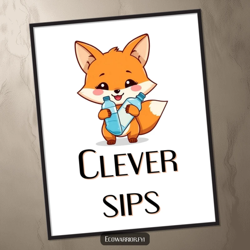 Funny poster featuring a smiling fox character holding a reusable water bottle, highlighting eco-friendly hydration humorously.