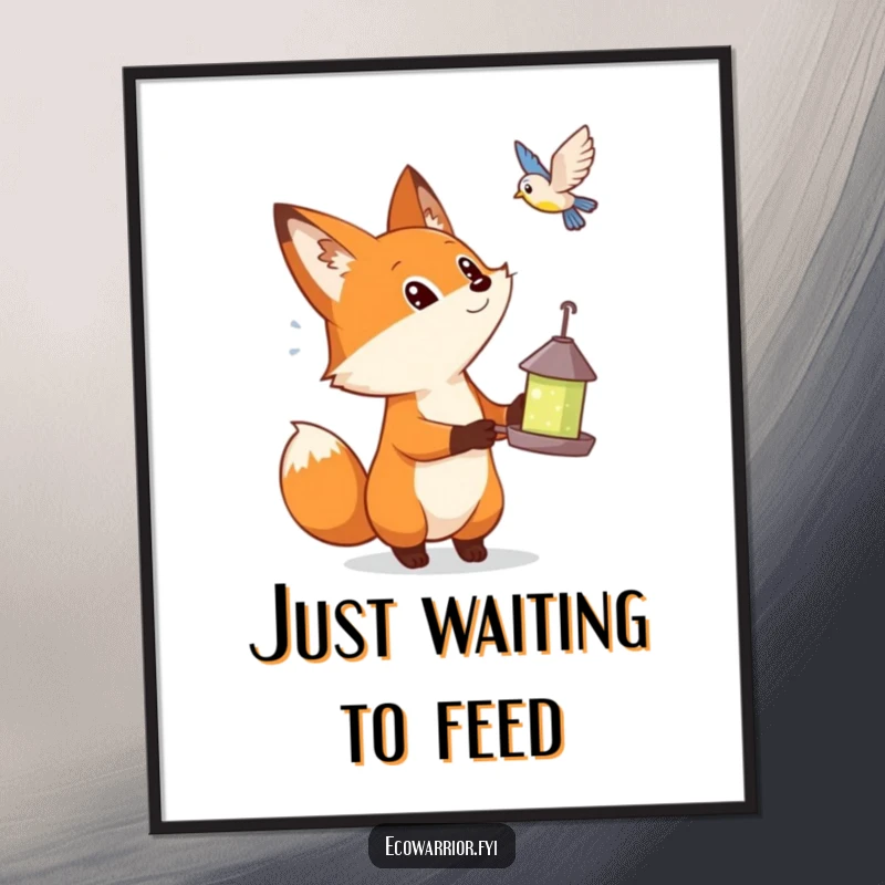 Funny poster of a fox with a bird feeder, looking up with wide-eyed wonder at a a soaring bird.
