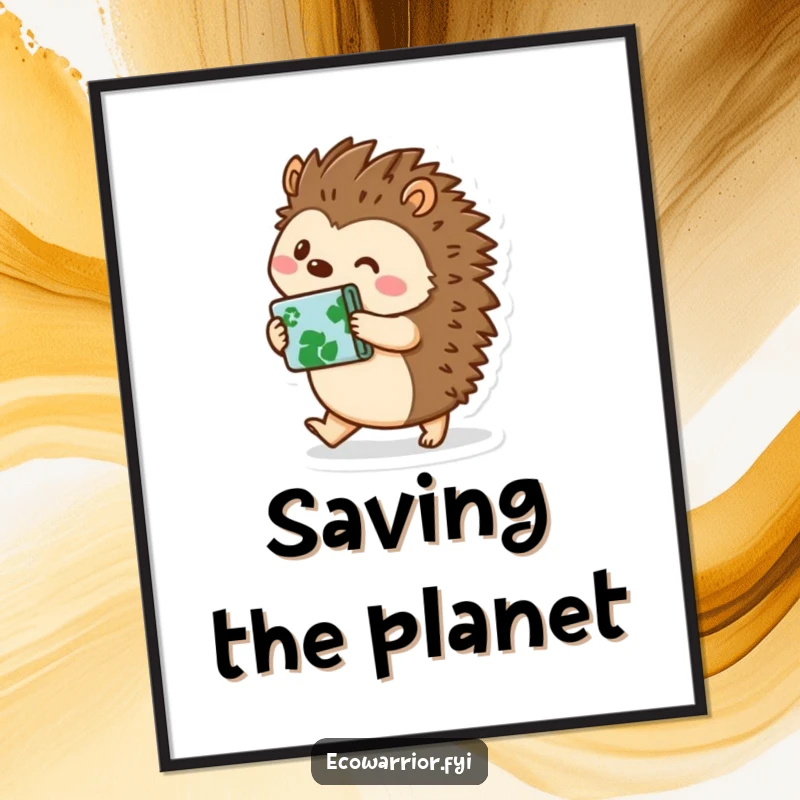 Funny hedgehog character carrying recycled materials, depicted on a vibrant poster, promoting environmental awareness with a cheerful vibe, perfect for funny art collectors.