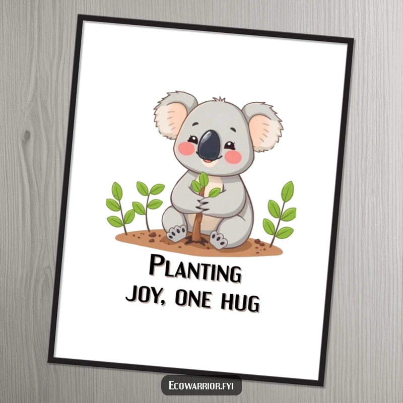 Funny Koala character planting a small tree with gentle hands, depicted cheerfully on a poster, bringing nature indoors.