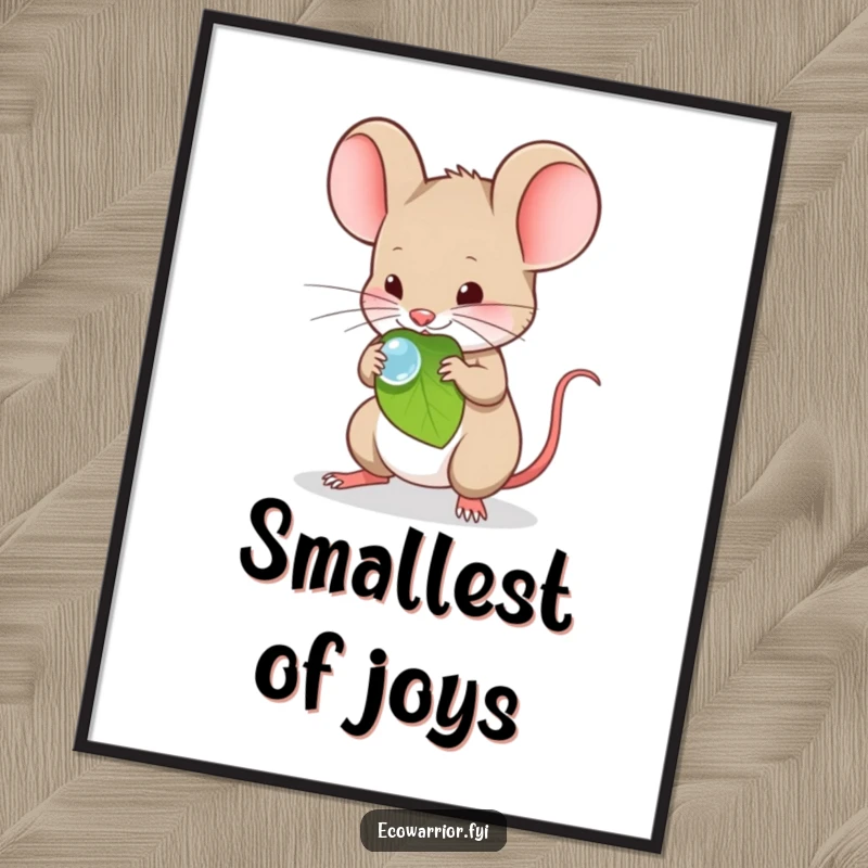 Funny Poster depicting a timid mouse carefully carrying a single dewdrop on a leaf.