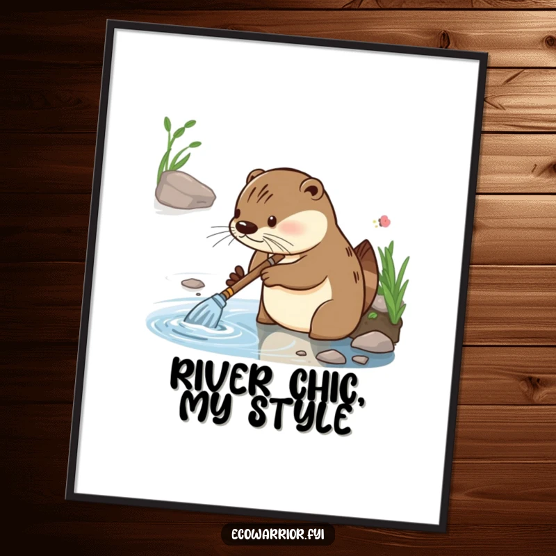 Funny poster of a diligent otter with focused glee, cleaning a riverbank, bringing nature's tidiness and humor indoors.