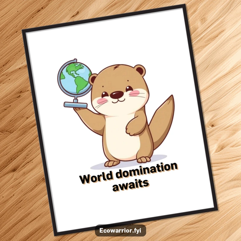 Funny poster featuring a proud otter holding a miniature globe, celebrating global aspirations and adding humorous decor.
