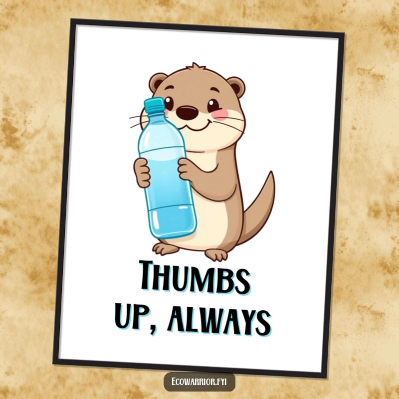Funny otter poster print of a happy otter with a reusable water bottle giving a thumbs up, cheerful art.