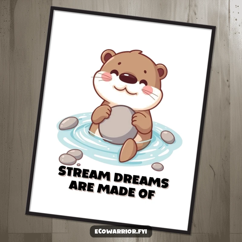 Funny poster art of a happy otter swimming joyfully while holding a smooth stone, ideal for wall decor.