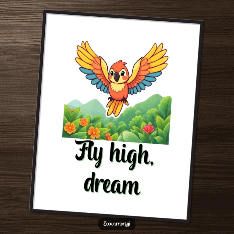 Funny parrot poster depicting a vibrant character soaring with wings spread wide above a lush, green landscape, bringing tropical energy and humor.