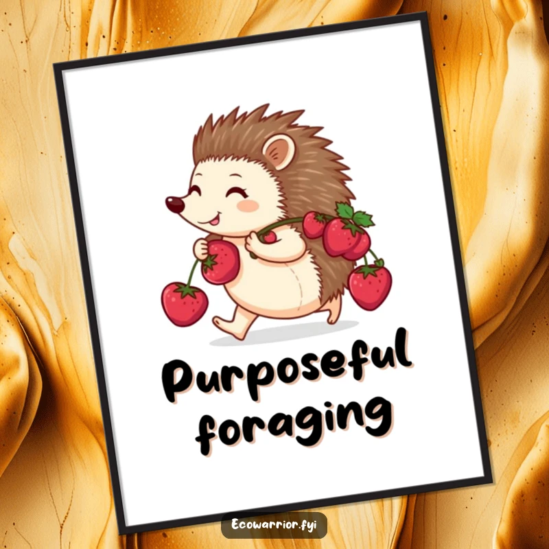 Funny poster of a happy hedgehog purposefully walking with berries on its back, a charming depiction of nature's bounty and drive.