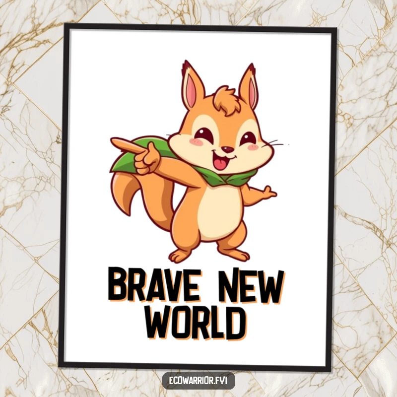 Funny squirrel poster of a brave squirrel character wearing a leaf cape and pointing forward, symbolizing adventure and determination.