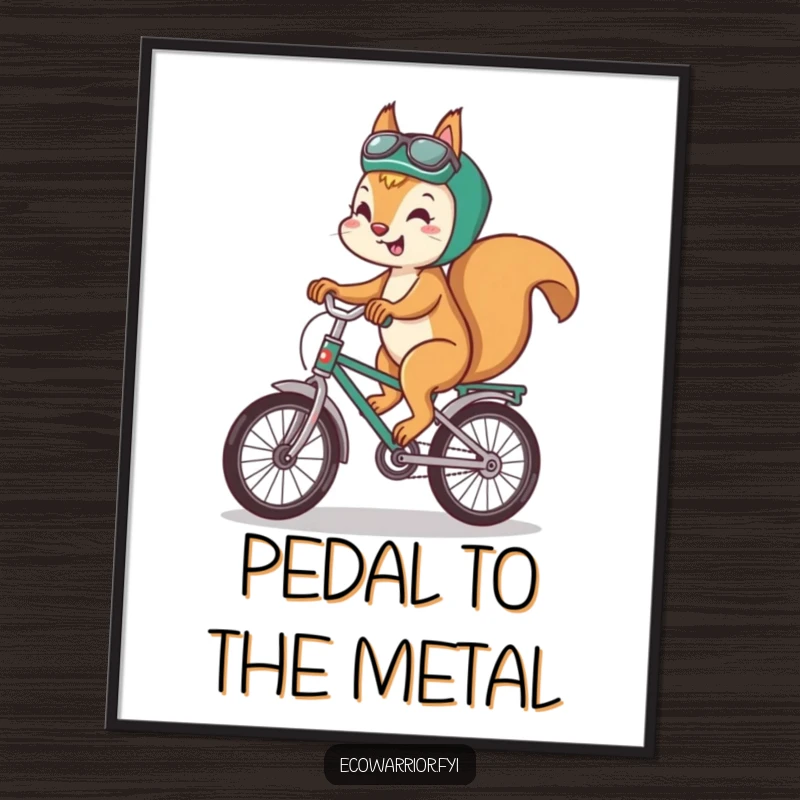 Funny squirrel poster print of a playful squirrel riding a bicycle made of recycled materials with a happy smile.