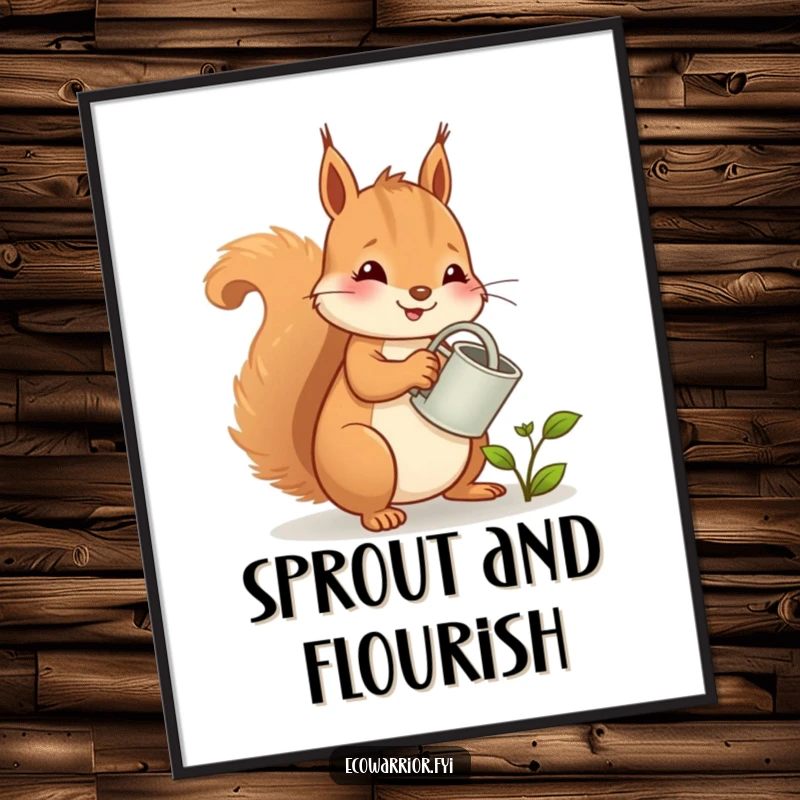 Funny squirrel poster, a cheerful character tending a sprout with a watering can, bringing whimsical garden vibes.